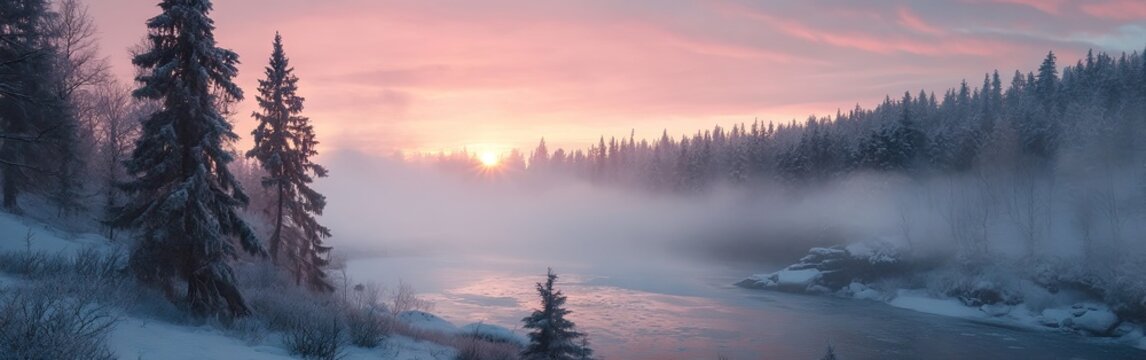 A serene winter landscape with frost-covered trees, foggy meadows, and the sun rising over an icy river  - Powered by Adobe