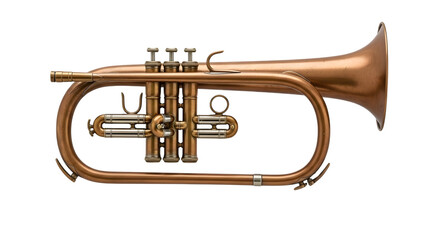 Obraz premium Detailed view of a vintage copper flugelhorn with silver valve caps and accents isolated on a transparent background