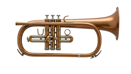 Detailed view of a vintage copper flugelhorn with silver valve caps and accents isolated on a transparent background