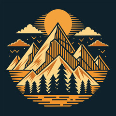 Stylized mountain landscape with sun and trees in circular design Keywords: mountain, landscape, sun, sky, clouds, trees, nature, outdoor