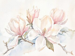 A single magnolia flower, rendered in watercolor, showcases soft pastel pinks and yellows. Its stem and leaves are detailed, creating a serene image.