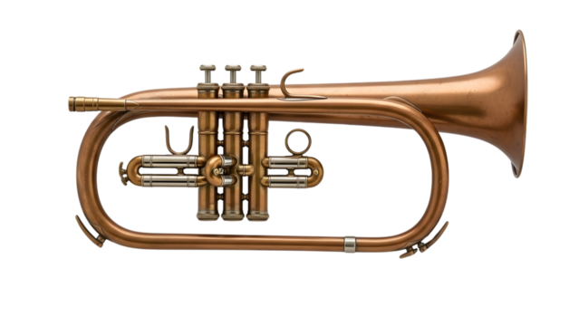 Detailed view of a vintage copper flugelhorn with silver valve caps and accents isolated on a transparent background