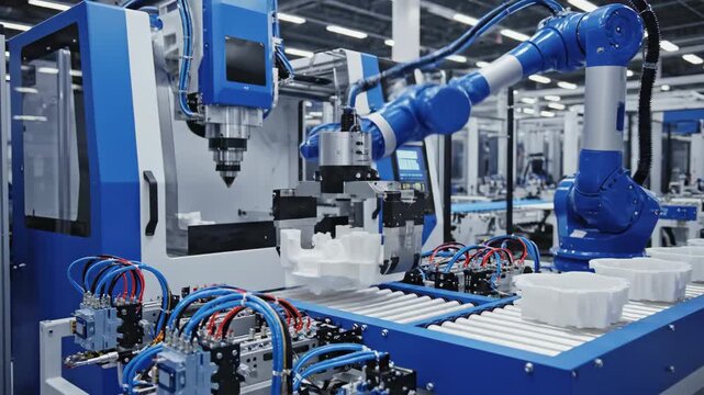 Automated Injection Molding Machine - A close-up shot showcases a blue and white injection molding machine in operation, featuring an automated robotic arm handling a freshly molded plastic component.