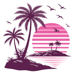 Tropical Island Silhouette with Palm Trees and Pink Sunset on White Background vector illustration
