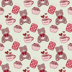 Teddy Bear and  XOXO Sweets Seamless Pattern &mdash; Valentine Cupcakes and Gifts