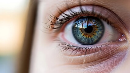 Striking macro of a captivating blue eye with intricate details and long lashes, perfect for beauty, health, or personal care campaign use