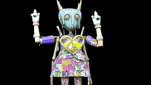 Colorful Robot Puppet: A Whimsical Artificial Intelligence Art Installation in Vibrant and Varied Colors