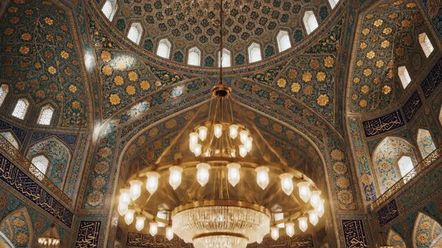 Opulent Islamic Interior with Chandelier - A low angle shot showcases the intricate Islamic decor of a building interior, featuring arabesque wall patterns, calligraphic art, and a large, illuminated
