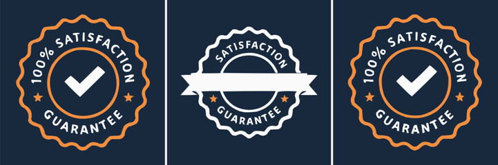 Satisfaction guarantee badge set with checkmark seal ribbon stars and premium assurance labels in bold modern style