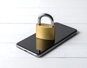 Secure mobile device with a padlock on white surface to protect personal data
