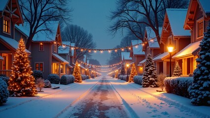 Magical christmas evening snowy street festive scene peaceful neighborhood warm glow celebrating the holiday spirit
