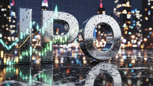IPO Launch Success - A close-up shot shows the metallic IPO letters reflecting on a wet surface, overlaid against a blurred cityscape and a fluctuating financial graph.