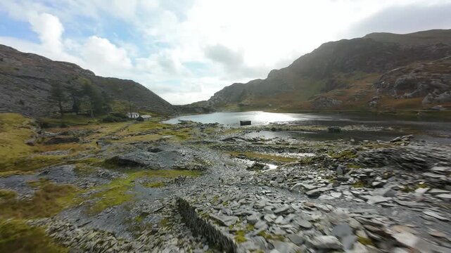 Llyn Cwmorthin Snowdonia FPV Mountain Aerial View.