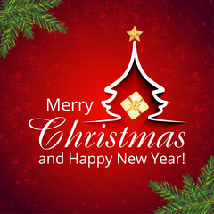 Gold Christmas and New Year Typographical on red Xmas background with winter landscape with snowflakes, light, stars. Merry Christmas card. Vector Illustration