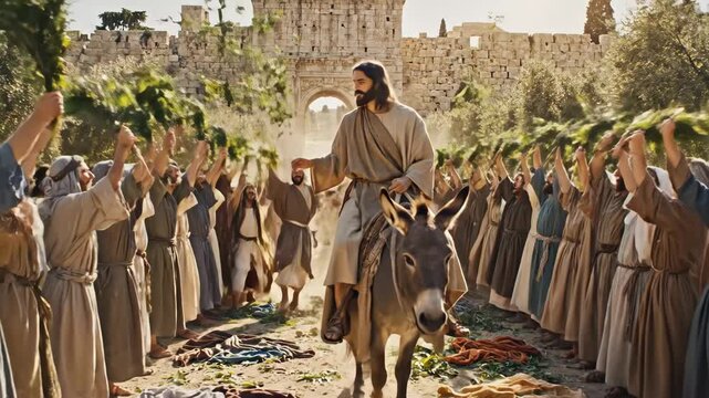 Jesus Christ's Triumphal Entry into Jerusalem on Palm Sunday - A depiction of Jesus Christ riding a donkey while entering Jerusalem, greeted by a crowd holding palm branches.