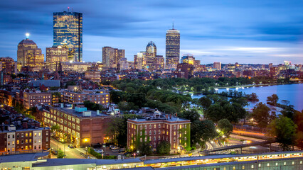 Conceptual image of Boston in Massachusetts, USA at night showcasing the Back Bay park of the city.