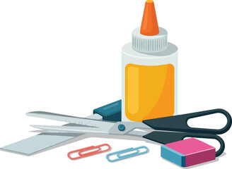 School Supplies Composition with Glue, Scissors, Eraser, Clips on a Transparent Background, Back to School Vector Illustration