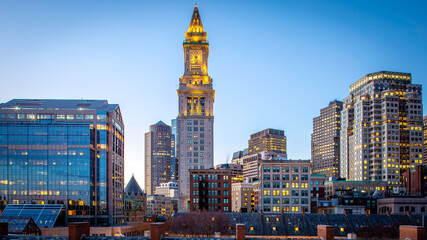 Boston skyscrapers at night in the North End of the city.