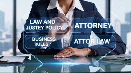 Virtual Legal Consultation Interface - A professional in a suit interacts with a virtual screen displaying legal-related terms like "Law and Justice Policy" and "Attorney.