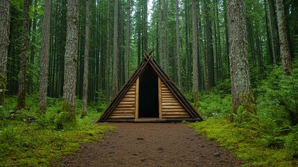 Serene Wooden Cabin in Lush Green Forest Landscape Wilderness Survival Trail