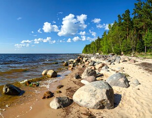 Serene coastal landscape with rocks, trees, and blue sky near the shoreline