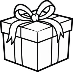 Outline drawing of a neatly wrapped gift box with a decorative bow on top, symbolizing celebrations, presents, holidays, and special occasions for design projects.