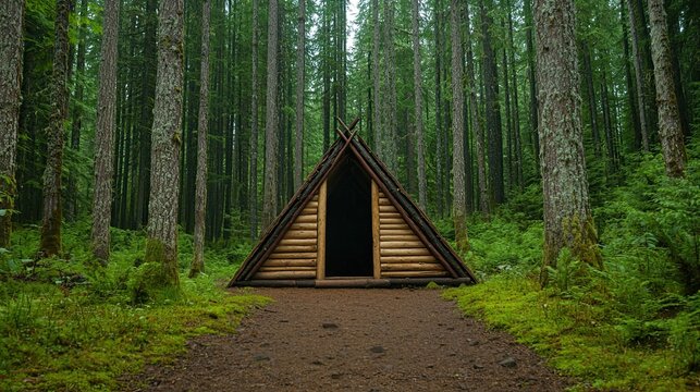 Serene Wooden Cabin in Lush Green Forest Landscape Wilderness Survival Trail