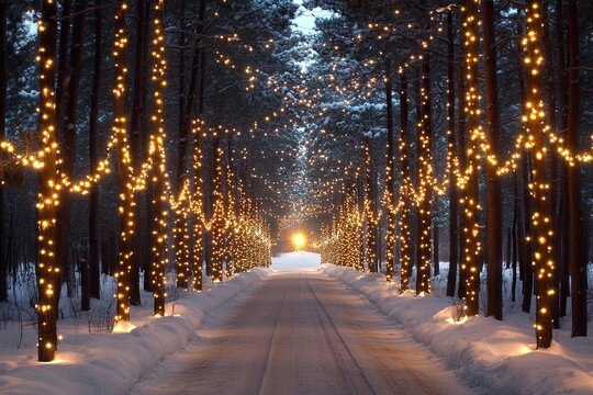 A snowy forest road lined with tall, snow-covered pine trees, illuminated by Christmas lights - Powered by Adobe