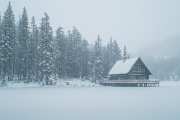 A snowy landscape with pine trees and the Swiss-style wooden house