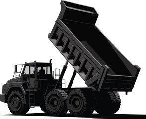 A powerful heavy-duty articulated dump truck illustration, with its large cargo bed raised, designed for robust construction, mining, and earthmoving operations, isolated.