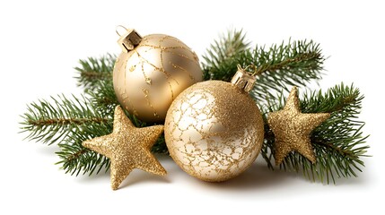 Golden christmas ornaments and stars isolated on white background for celebration