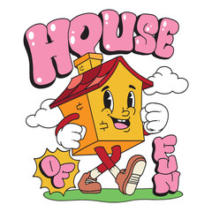 Playful cartoon design of a walking house character with smiling face, bold bubble text and bright colors, creating a cheerful retro style illustration perfect for fun themed artwork.