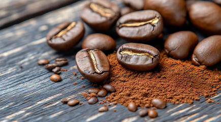 Freshly roasted coffee beans scattered on rustic wooden surface, with ground coffee and whole beans creating a rich, aromatic coffee experience for enthusiasts and connoisseurs