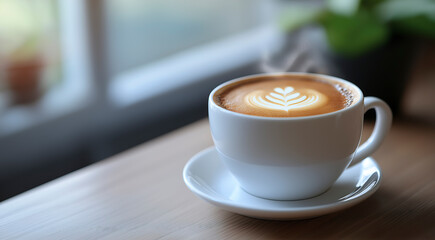 White ceramic cup filled with latte art, placed on a wooden table, surrounded by soft natural light, creating a cozy and inviting coffee shop atmosphere