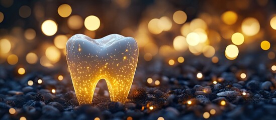 A tooth with glowing light particles inside is placed on the ground, illuminated by warm bokeh lights in the background