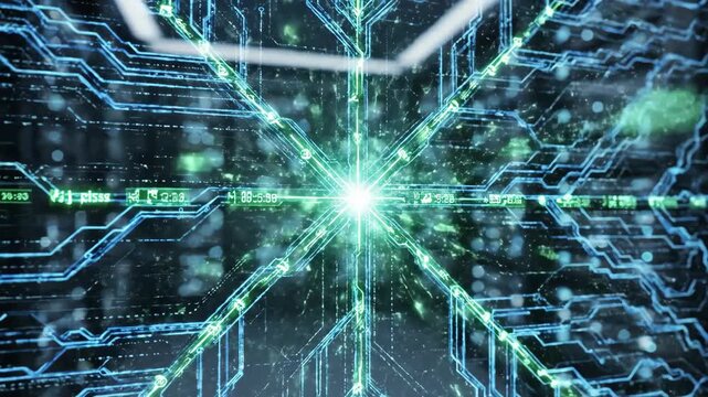Holographic Neural Pattern - This macro shot shows a holographic neural pattern with a central bright point, representing the extraction of alpha signals in a professional setting.