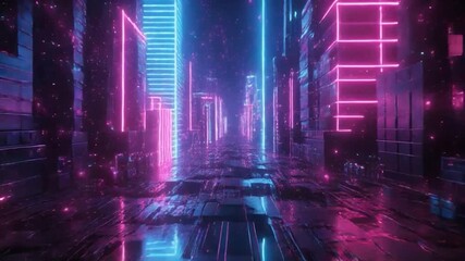 鮮やかなネオンの未来都市ストリート、シンセウェイヴとサイバーパンクの背景