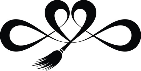 Stylized broom icon with elegant, intertwining infinity heart swirls, a decorative vector design suitable for witch, magic, cleaning, or whimsical themes, isolated graphic element