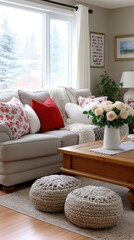 Naklejka premium Valentines day themed living room with heart shaped pillows, fresh roses and cozy decor in a snow filled winter setting