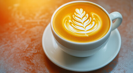 Coffee cup with latte art featuring a beautiful leaf design, placed on a textured surface, showcasing the artistry of barista skills and the warmth of a cozy cafe atmosphere