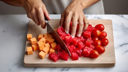 A person is cutting up a variety of fruits and vegetables on a wooden cutting board. Concept of healthy eating and the importance of preparing fresh, whole foods. The person's hands are visible