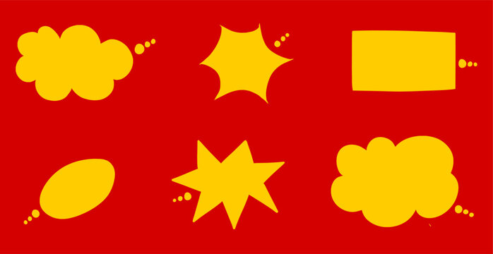 Cartoon speech bubbles in yellow on a red background for comic strips and graphic novels adding emphasis and dialogue to the scene