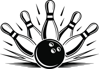Bowling ball striking pins, creating an explosive impact, symbolizing a perfect strike or competitive success in a fun and engaging leisure sport game or activity