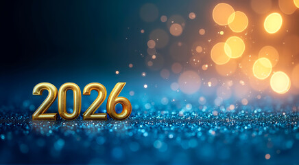 Elegant golden 2026 numbers on a sparkling blue glitter background with warm bokeh lights and festive shimmering particles for a luxurious New Year banner.