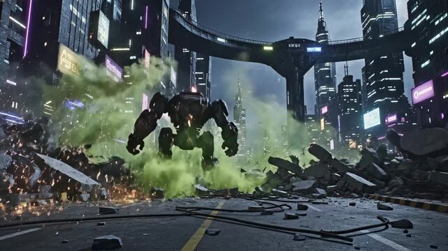 Massive Mech Destroys Urban Tunnel in Futuristic Cityscape - A towering mech smashes through a concrete tunnel, creating a dramatic explosion of rubble and green dust.