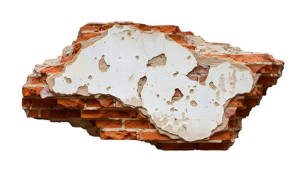 Fragment of crumbling brick wall with chipped white plaster and exposed red bricks isolated on a transparent background