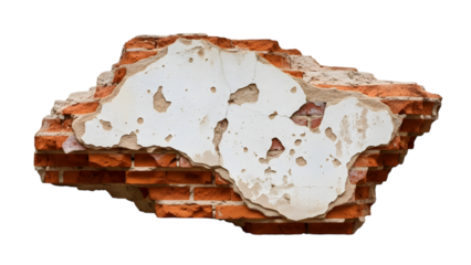 Fragment of crumbling brick wall with chipped white plaster and exposed red bricks isolated on a transparent background