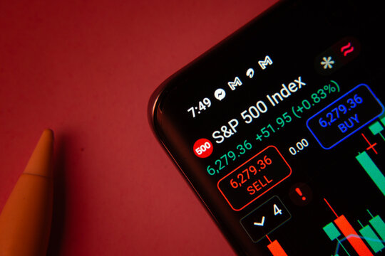 Dhaka, Bangladesh- 08 Sep 2025: Close-up of a phone screen showing S&P 500 Index stock market data with a candlestick chart.