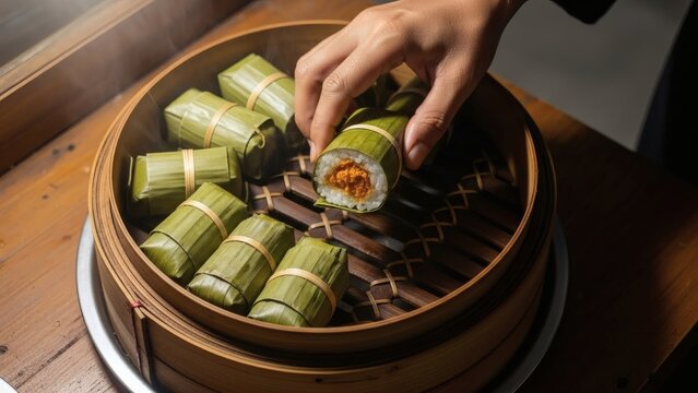 Delicious Indonesian Lemper In Bamboo Steamer Ready To Eat