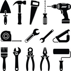 Collection of essential hand tools and power tools icons, featuring construction, repair, and diy equipment in a clean, isolated silhouette style for various projects and trades.